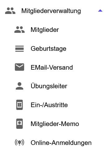 shverein menü mitgliederverwaltung